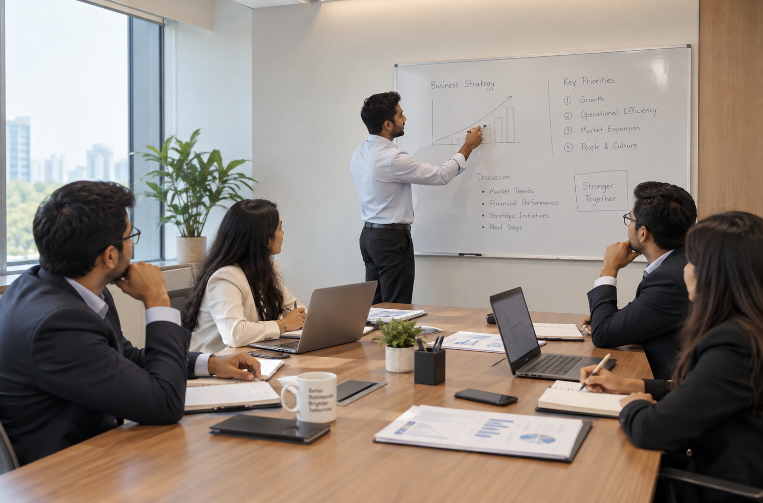 A colleague at a whiteboard presenting a business strategy and key priorities to four seated management colleagues.