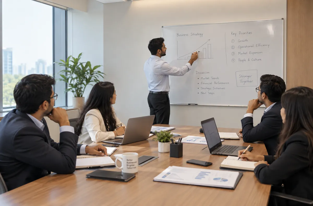 A colleague at a whiteboard presenting a business strategy and key priorities to four seated management colleagues.