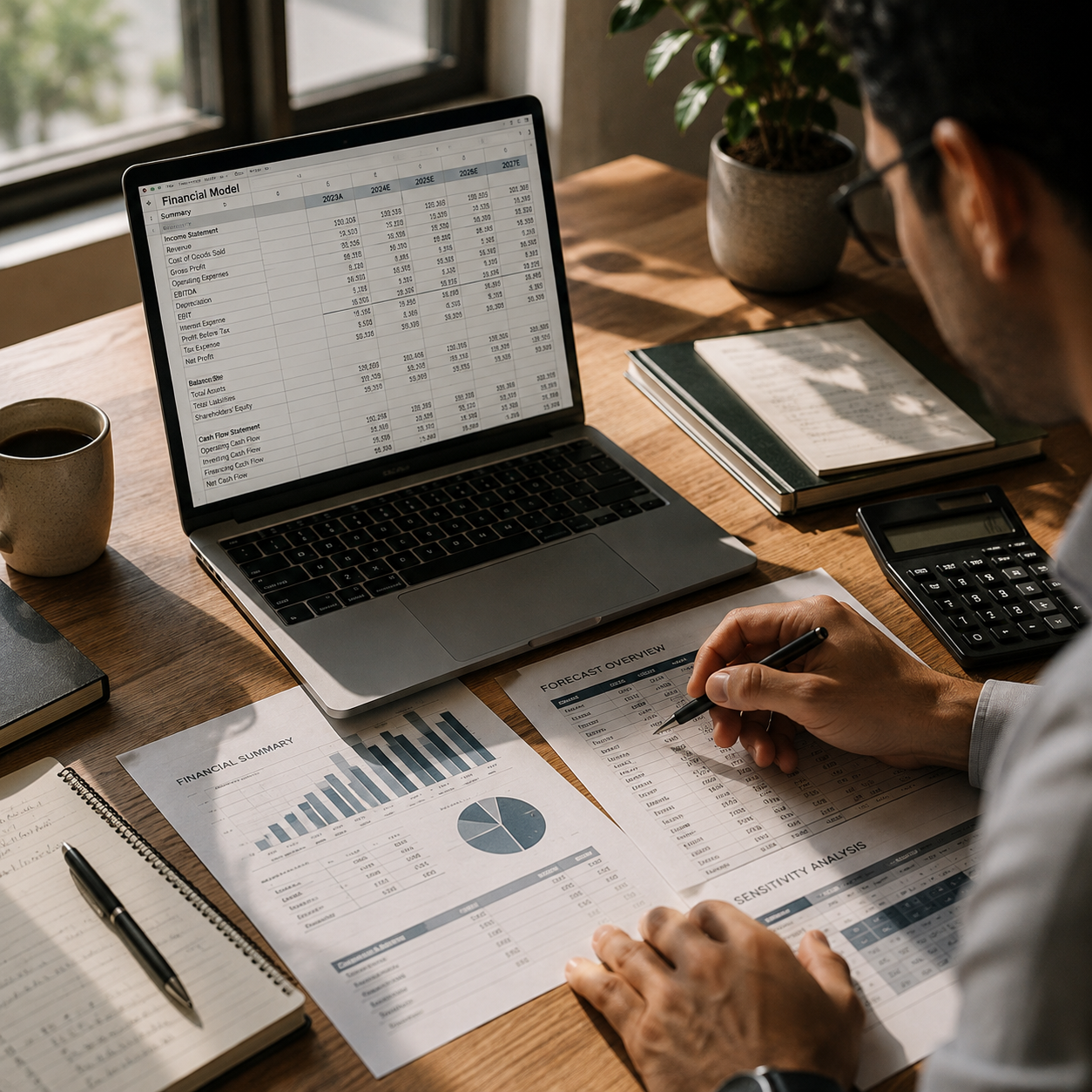 Analyst reviewing a three-statement financial model on a laptop alongside printed forecast summary and sensitivity analysis sheets, a notebook and a calculator.
