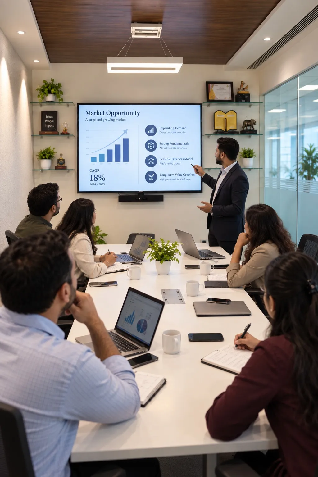 The Flookup Valuations team around a boardroom table, working through a transaction process on screen.