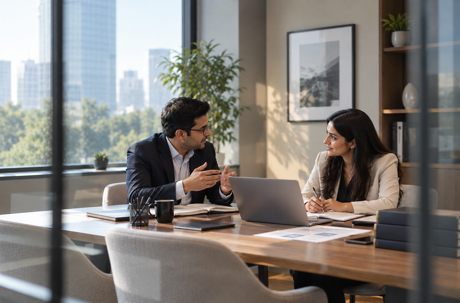 Two advisors talking across a desk in a bright office, a laptop and printed analysis between them.
