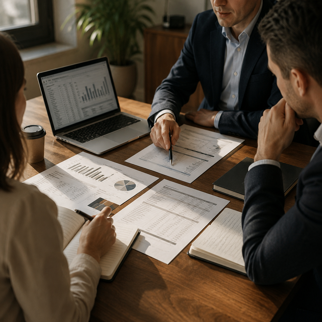Three professionals reviewing printed valuation reports, charts and financial statements around a wooden table, with a laptop showing data on screen.